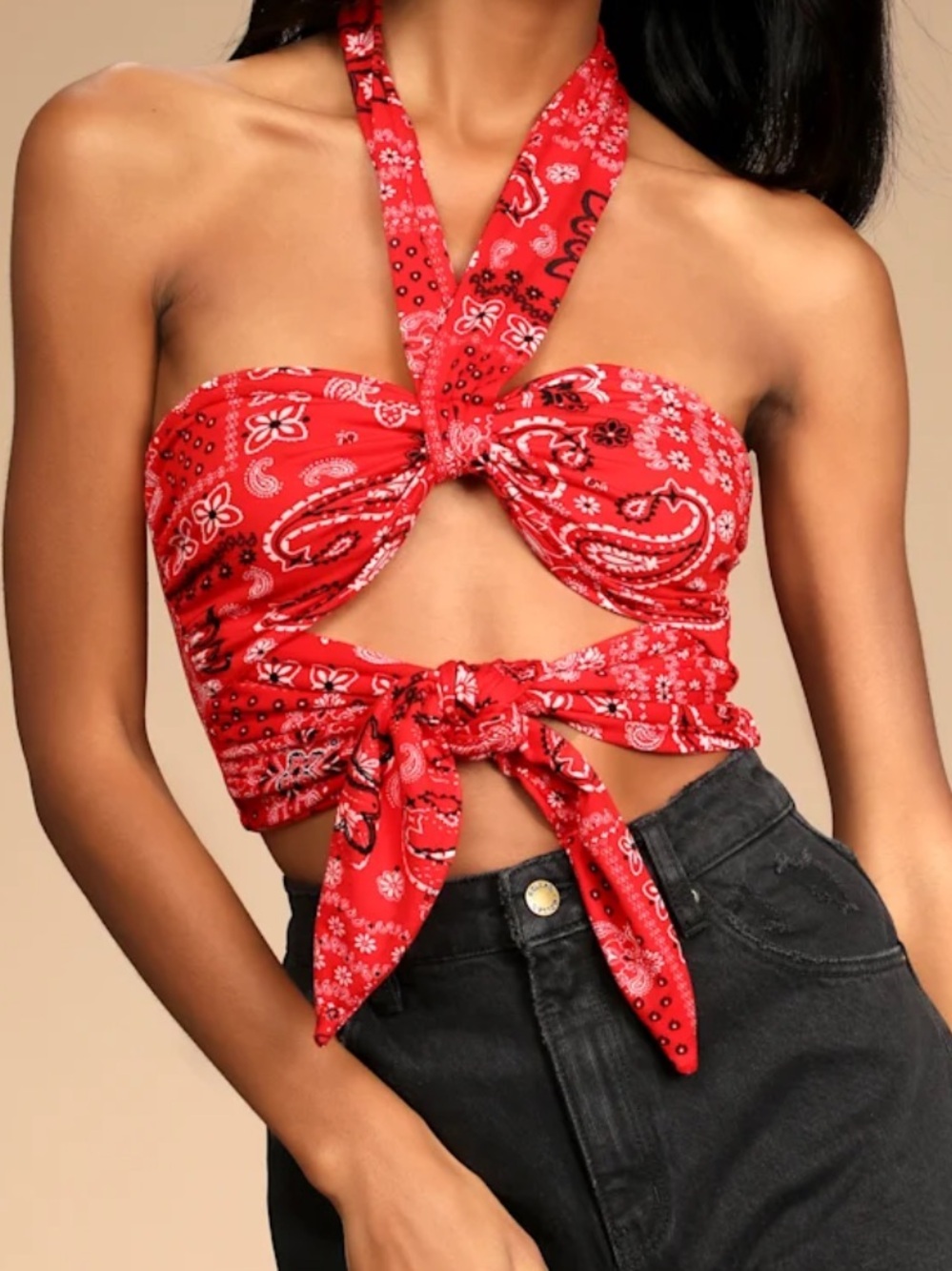 Lulu's Red Bandana Tie-Front Halter Camisole